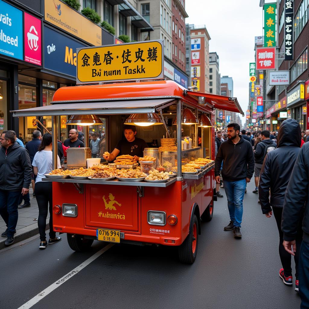 Food truck selling a variety of street food snacks.