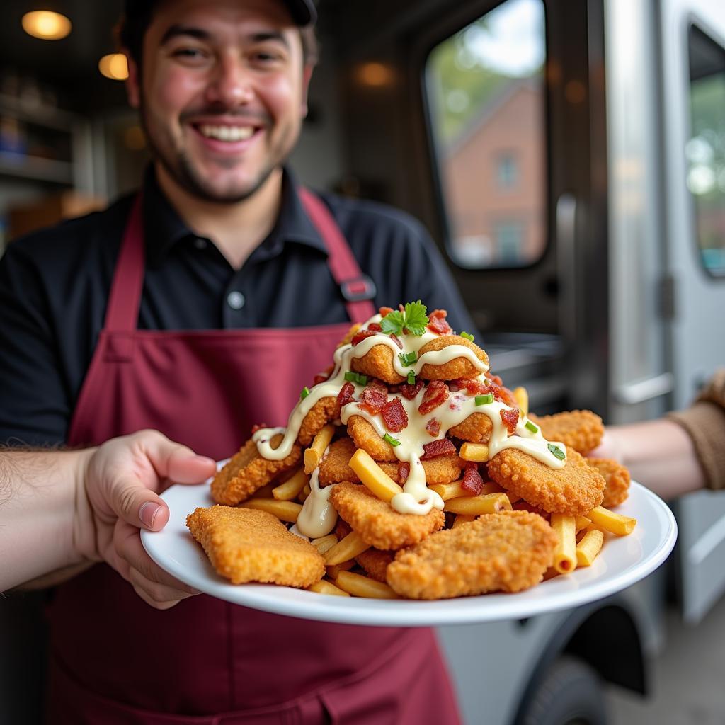 Food truck worker serving a plate of loaded fries and chicken fingers