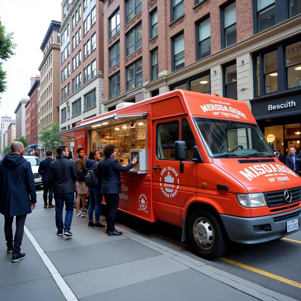 Food truck sprinter serving customers on a busy city street