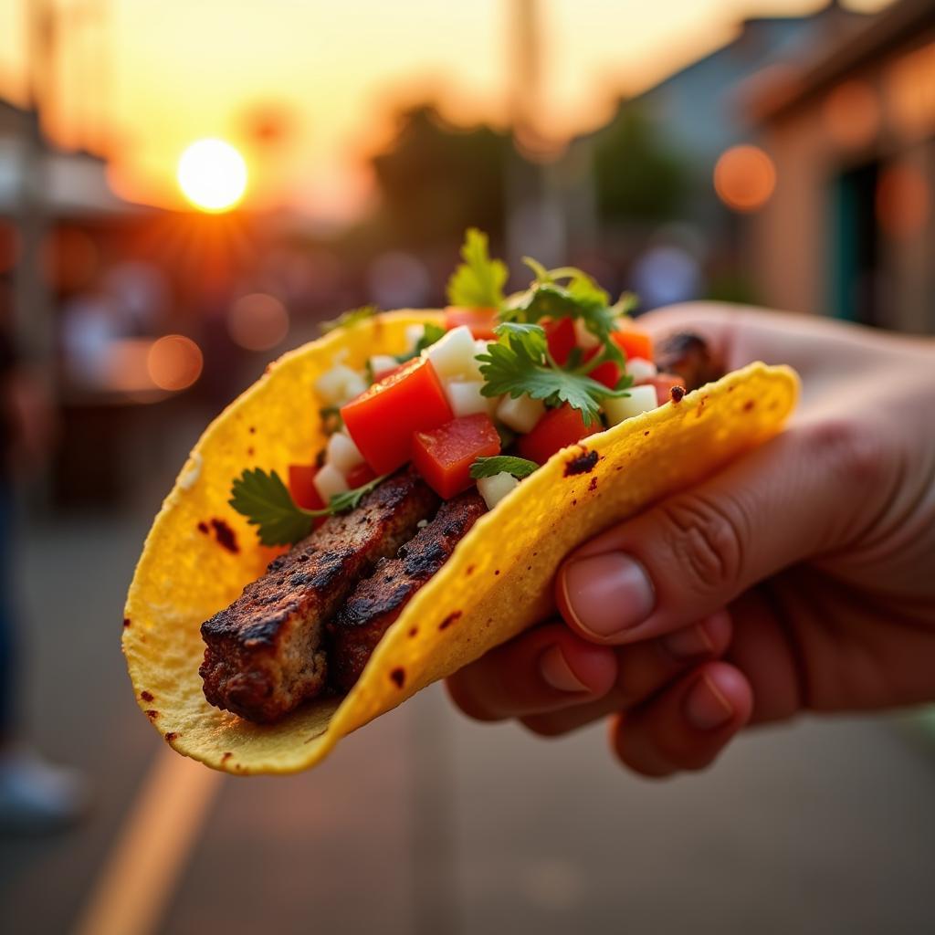 A close-up of a delicious taco from a food truck, showcasing the fresh ingredients and flavorful fillings.