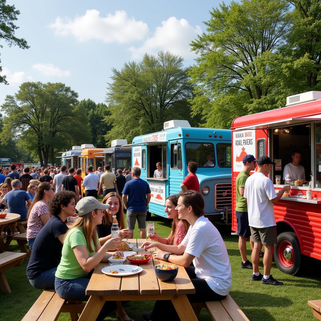 Multiple food trucks serving guests at an outdoor event