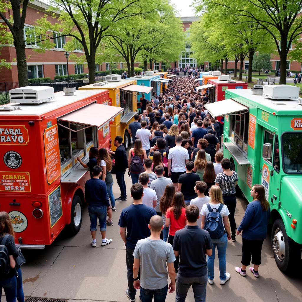 Students lining up at colorful food trucks on a vibrant college campus