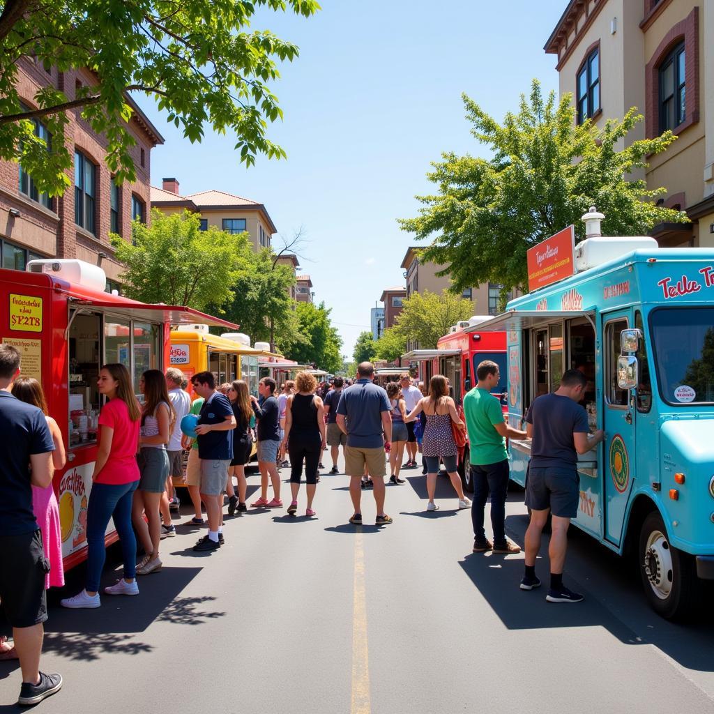 Food trucks lined up in downtown Lodi, CA, serving a variety of cuisines.