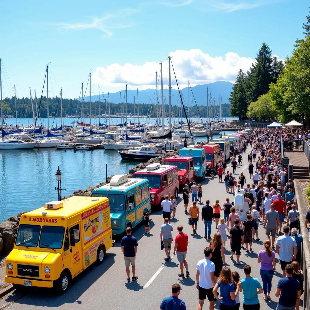 Food trucks parked along Victoria's Inner Harbour, bustling with activity.