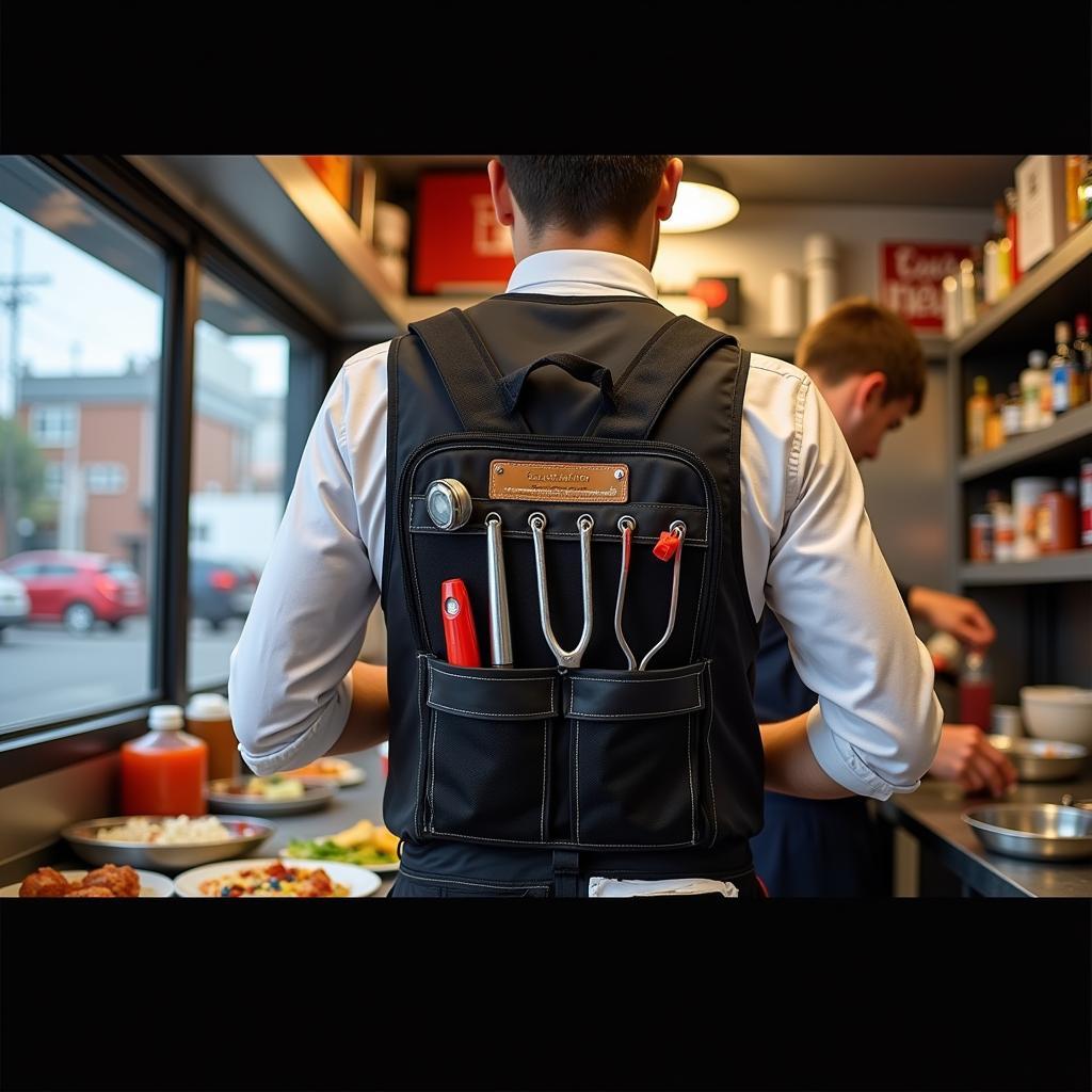 A chef wearing a food vest while working efficiently in a busy food truck environment