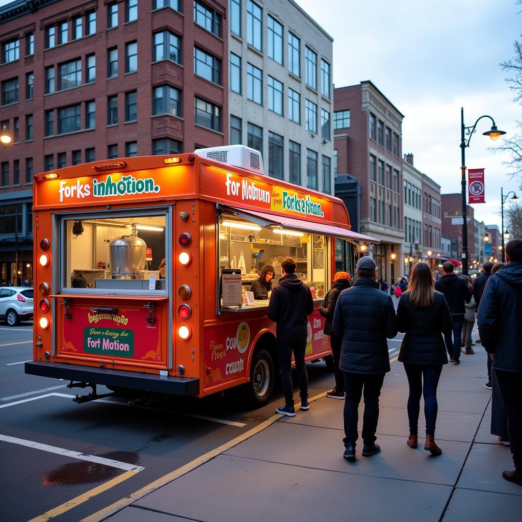 Forks in Motion food truck serving customers at a busy street corner