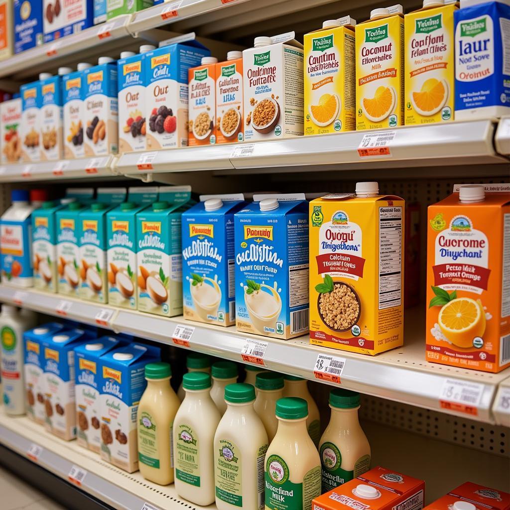 A grocery store shelf stocked with various calcium-fortified plant-based milk, cereals, and orange juice.