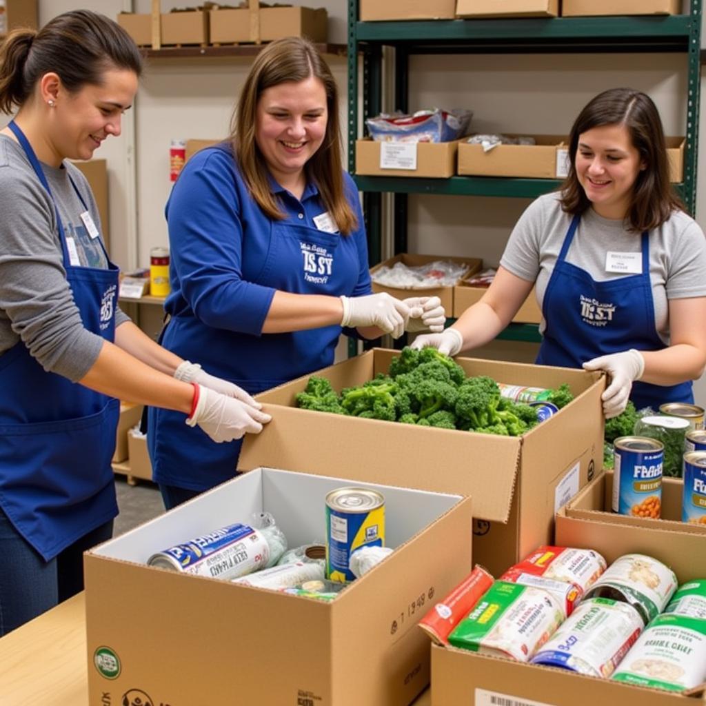 Volunteers sorting and packing food at the Franciscan Center food distribution center