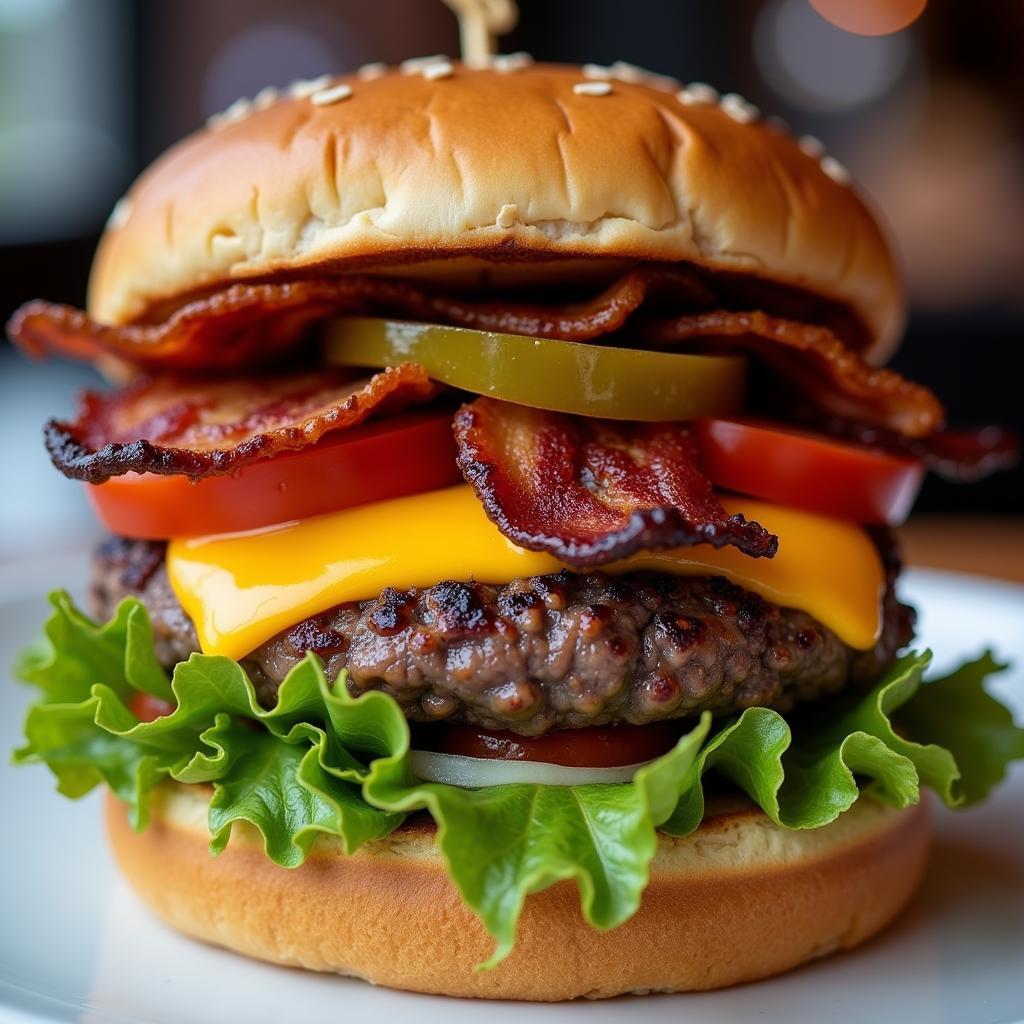 Close-up of the Frank N Bones signature burger with all the fixings