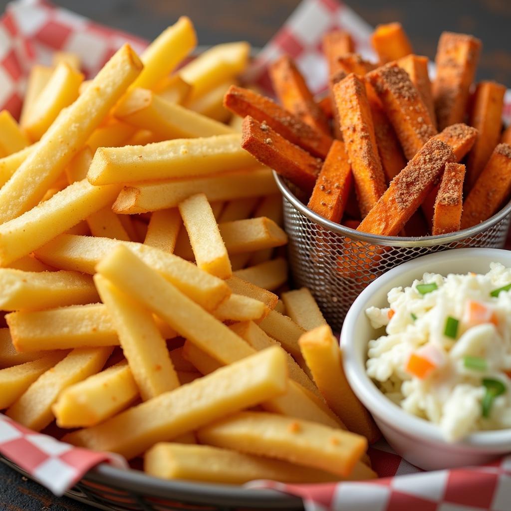 Franktuary's sides of fries, sweet potato fries, and coleslaw.