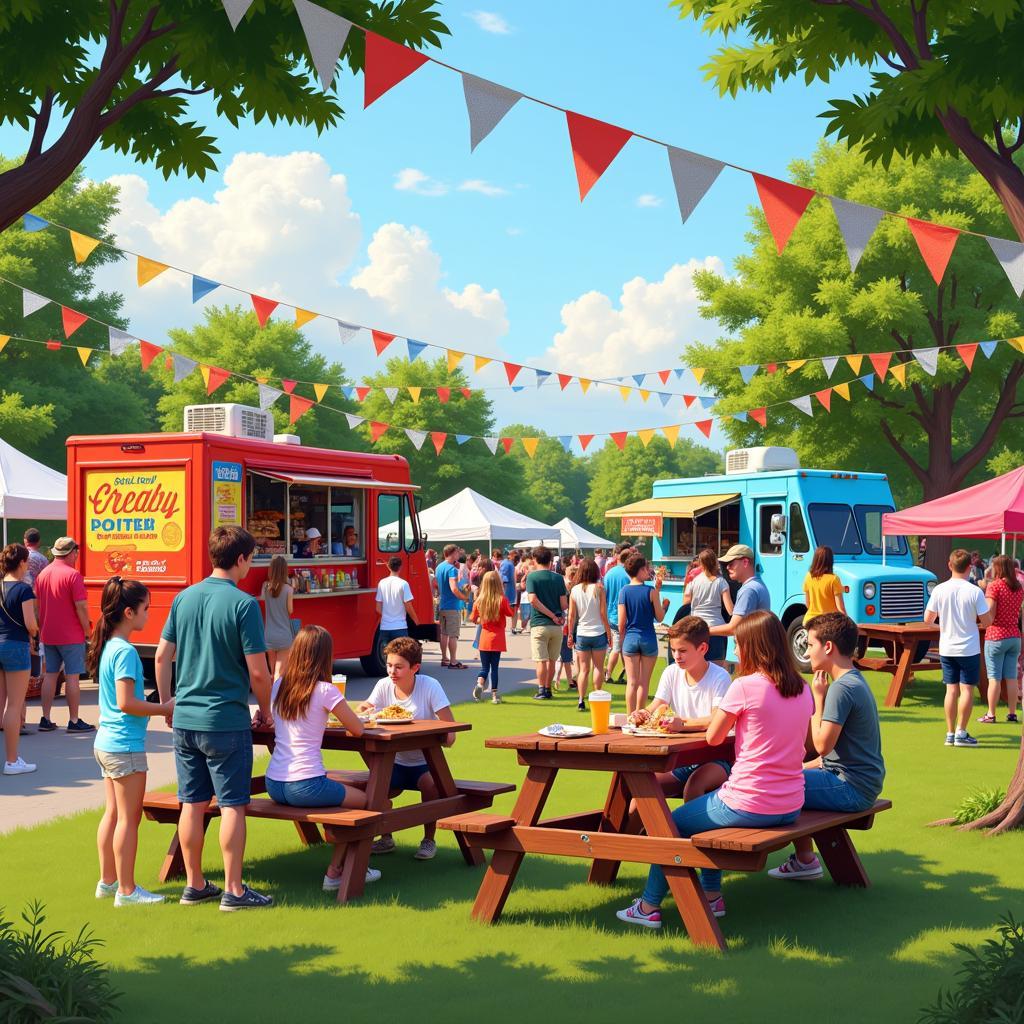 People enjoying free food at a food truck rally on Free Food Friday