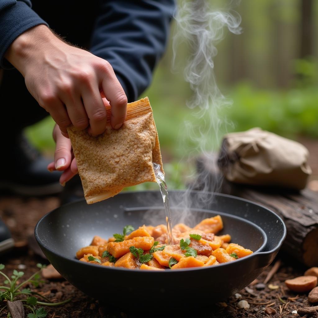 Preparing a delicious and nutritious meal using freeze-dried ingredients while camping.