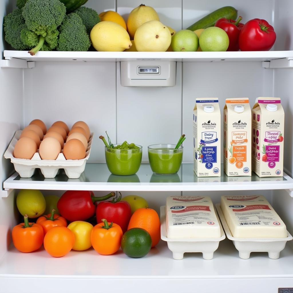 Fresh gluten-free and dairy-free fridge items: Fruits, vegetables, dairy-free milk and yogurt alternatives, eggs, tofu, and tempeh.