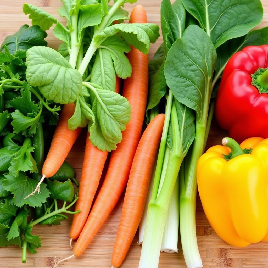 A variety of fresh vegetables suitable for rabbits, including leafy greens, carrots, and bell peppers.