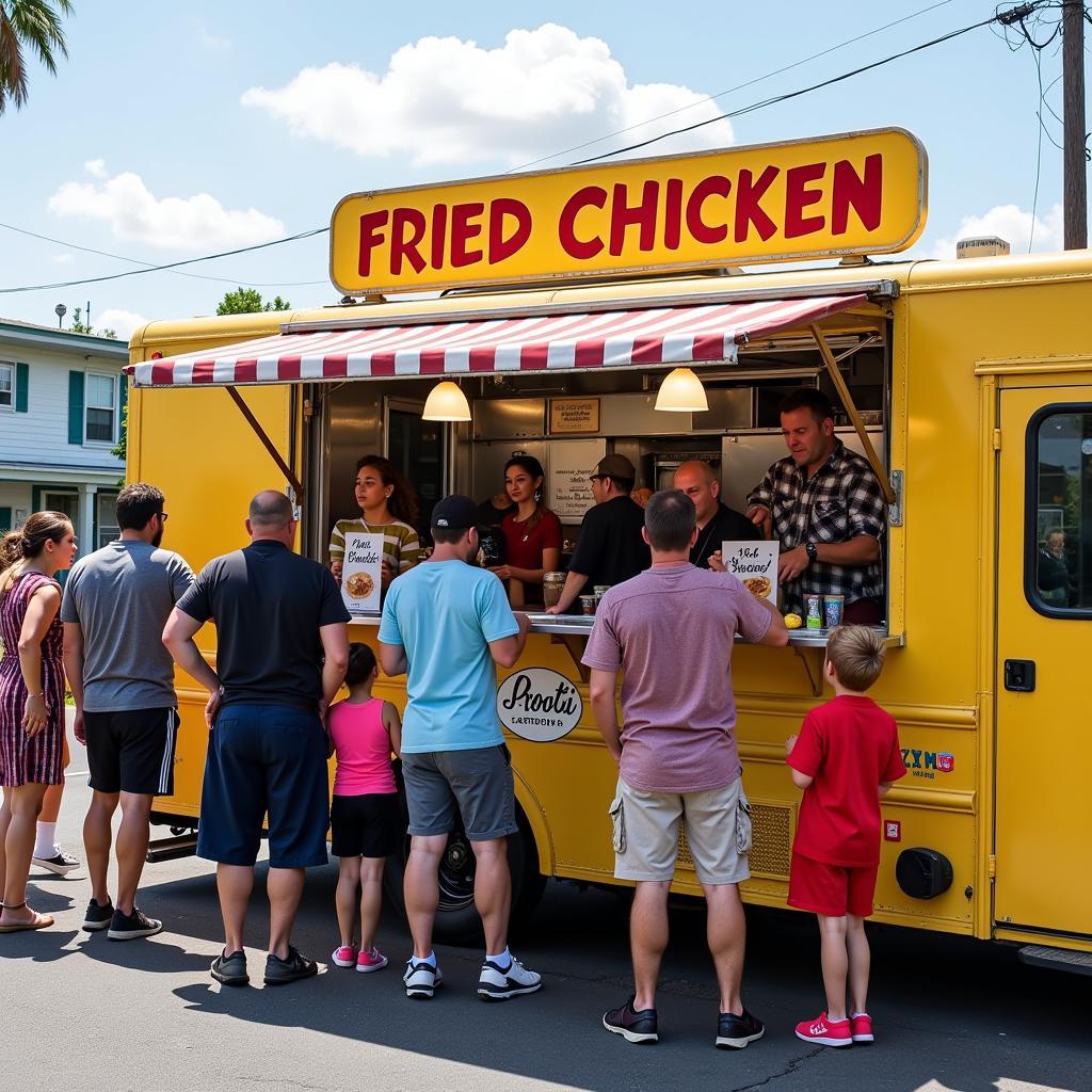 Exterior of a vibrant, bustling fried chicken food truck serving customers