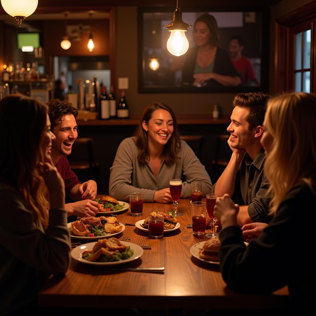 A group of friends laughing and enjoying late-night bar food and drinks