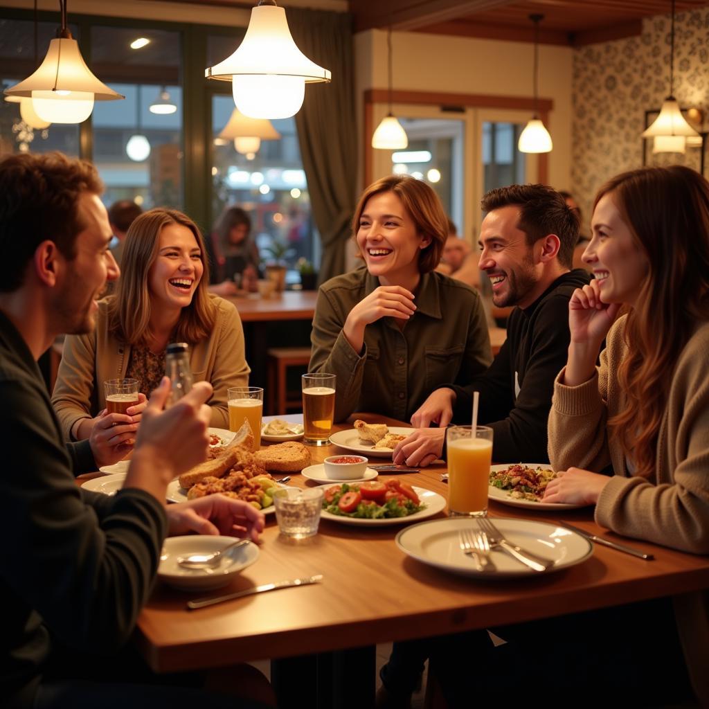 A group of friends enjoying a late-night meal at a restaurant