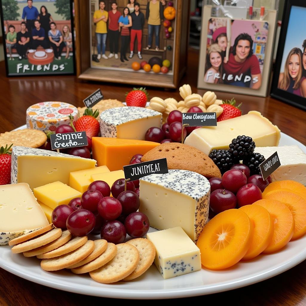 Friends themed cheese platter with various cheeses, crackers, and fruits