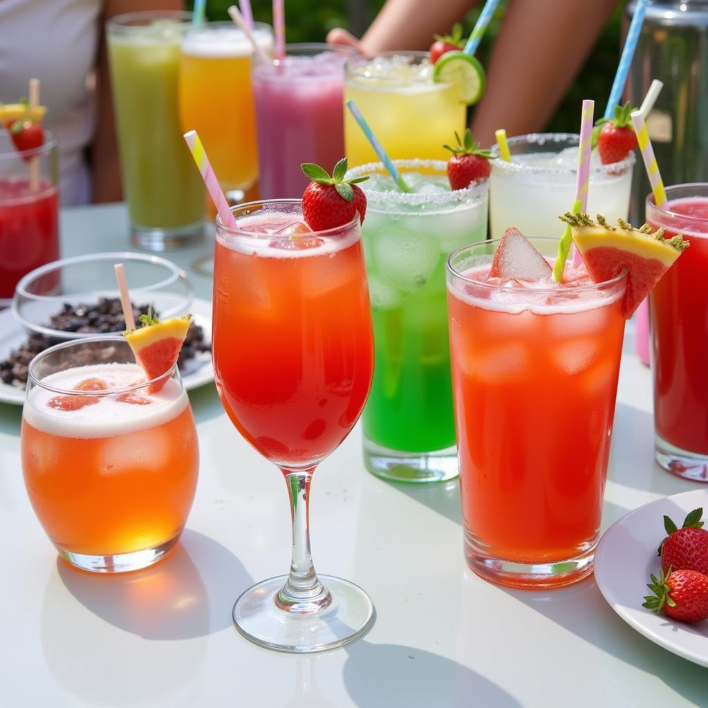 Friends-themed mocktails in colorful glasses.