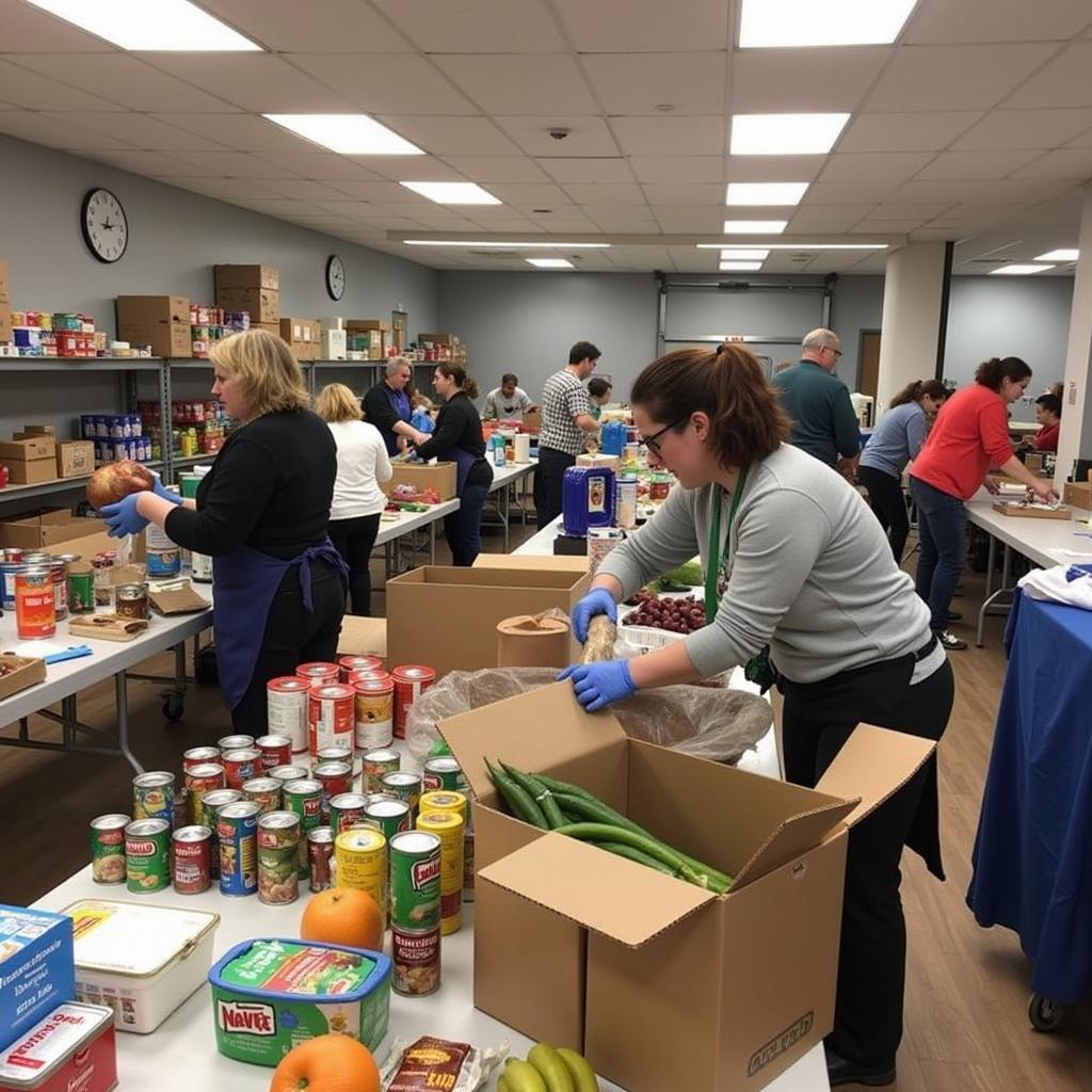 Volunteers sorting food donations at a Frisco food pantry