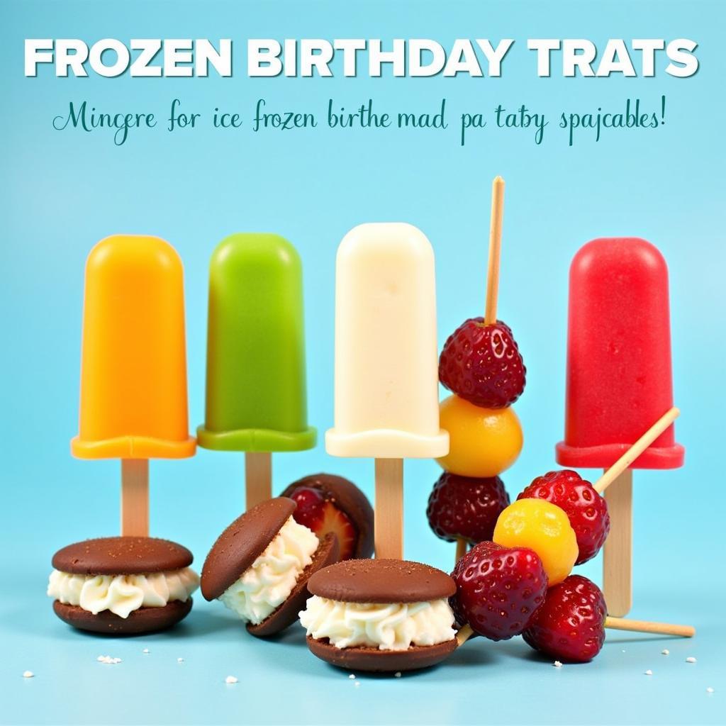 Frozen Birthday Party Treats: Colorful popsicles, mini ice cream sandwiches, and frozen fruit skewers.