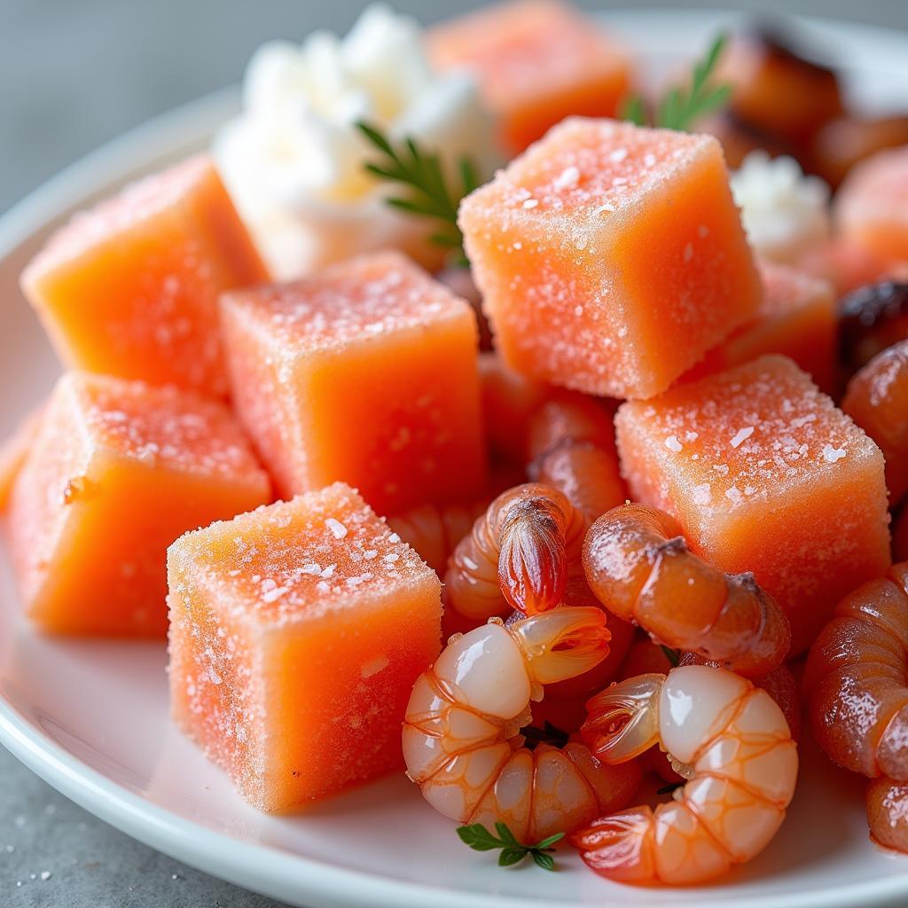 Close-up view of frozen fish food cubes, showcasing the different ingredients and textures.