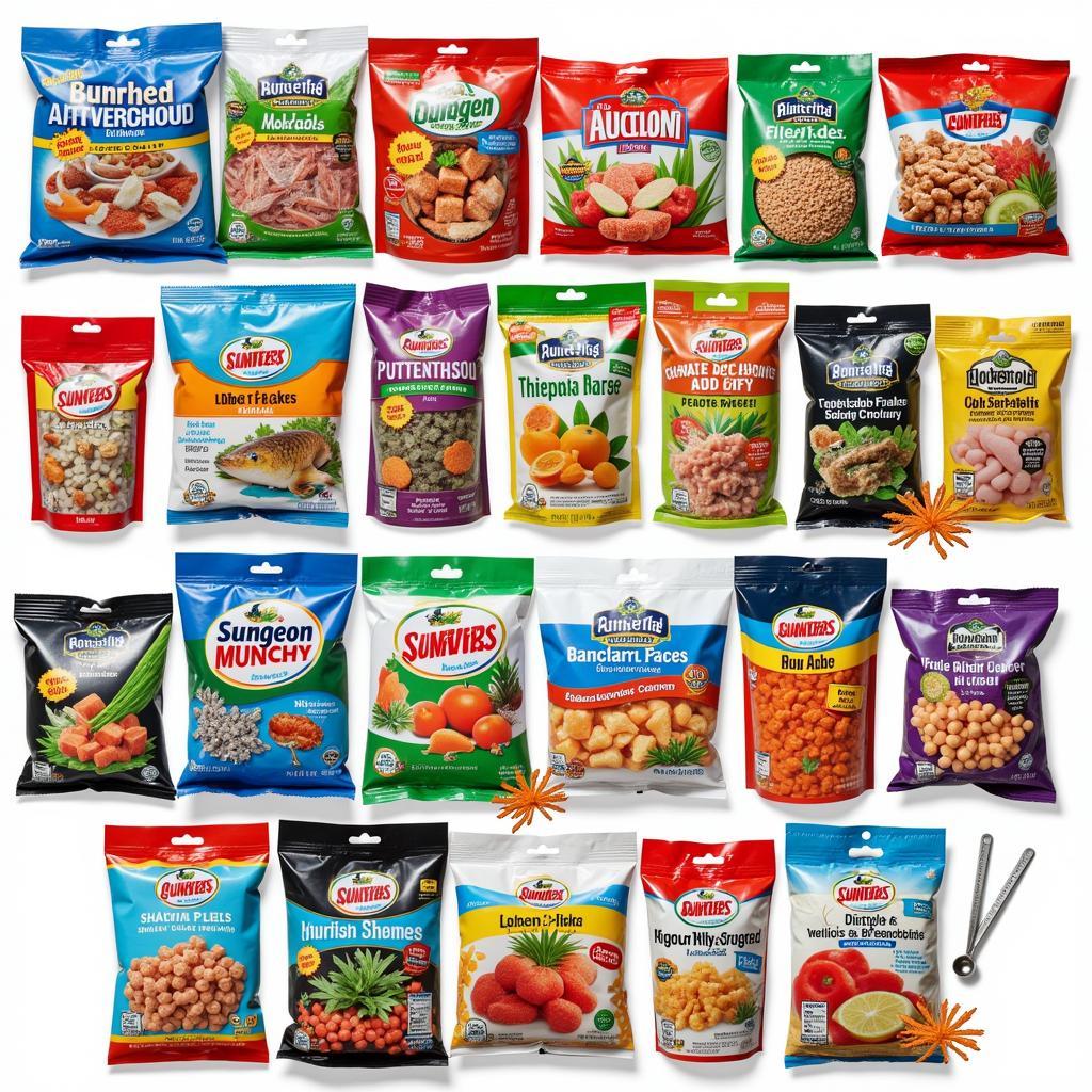 A variety of frozen fish food options, including cubes, flakes, and pellets, showcasing the diversity available for different fish species.