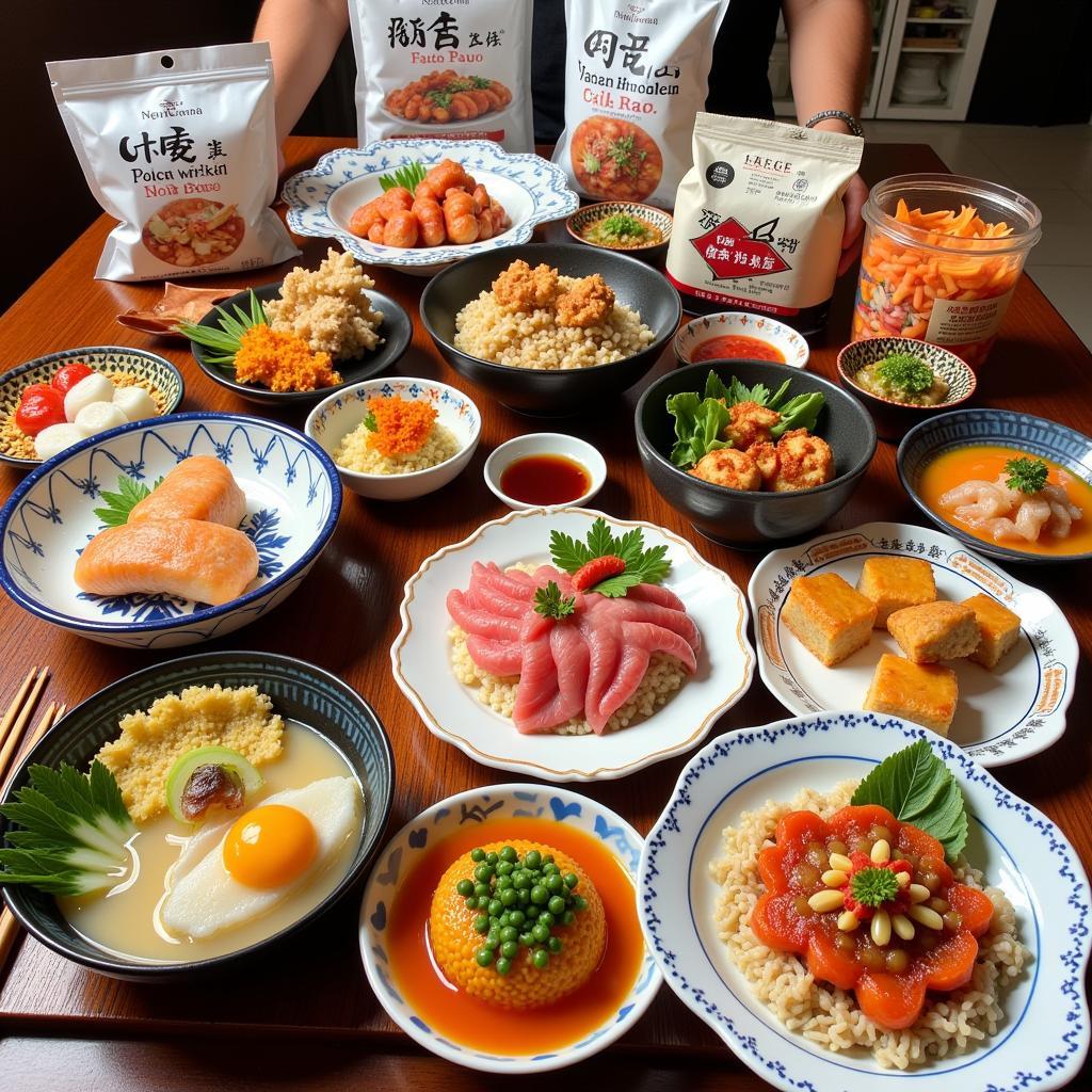 A selection of regional Japanese specialties, including takoyaki and okonomiyaki