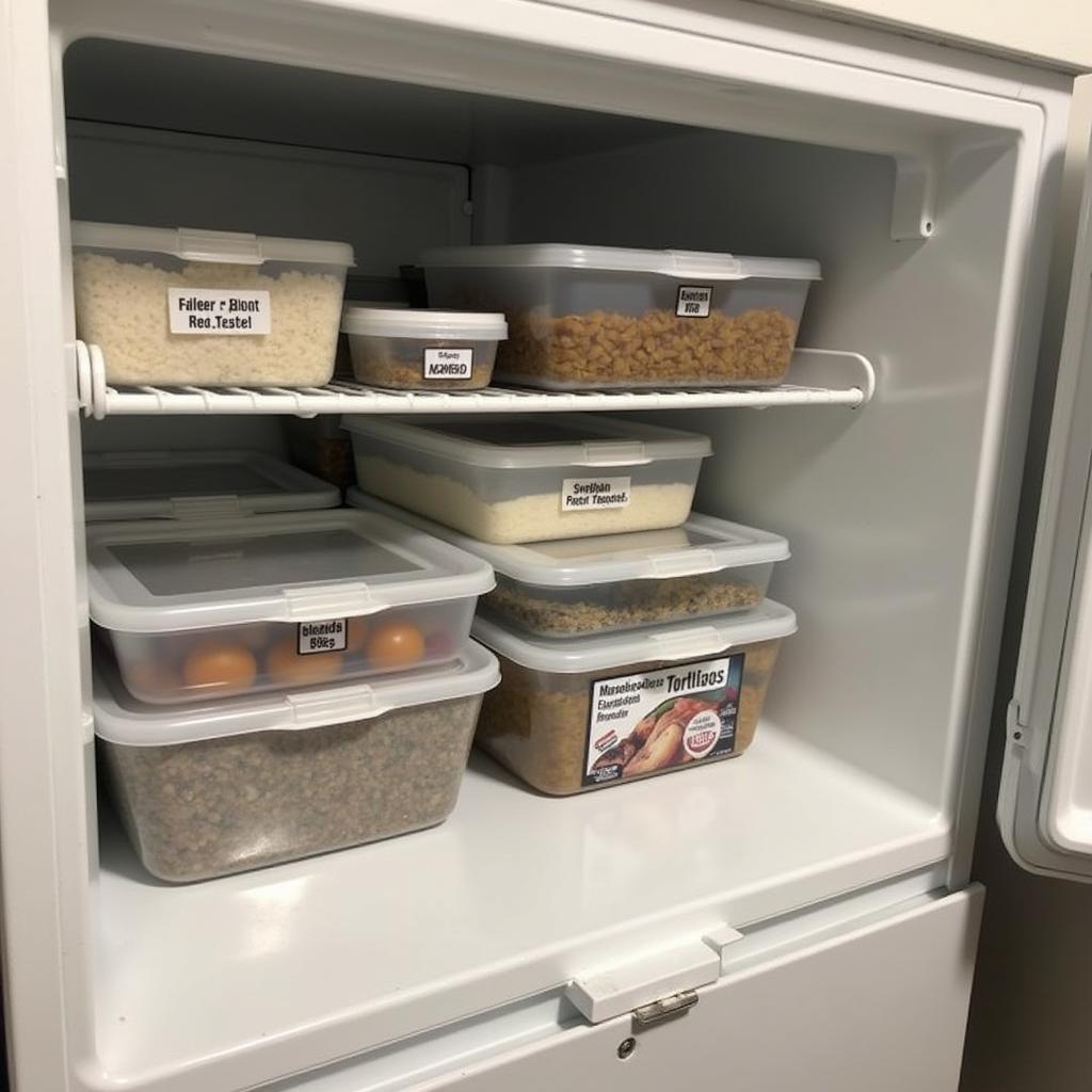 Properly stored frozen turtle food in a freezer, organized in labeled containers.