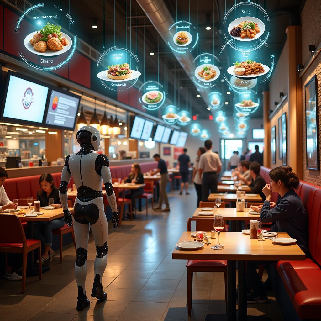 Futuristic food court with robotic servers