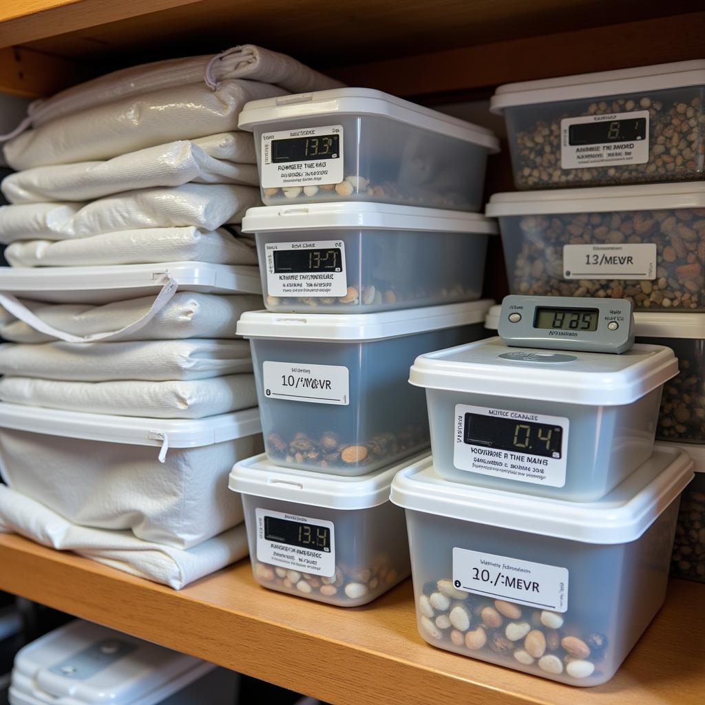 Organized garage shelves with labels and temperature control for long-term food storage.