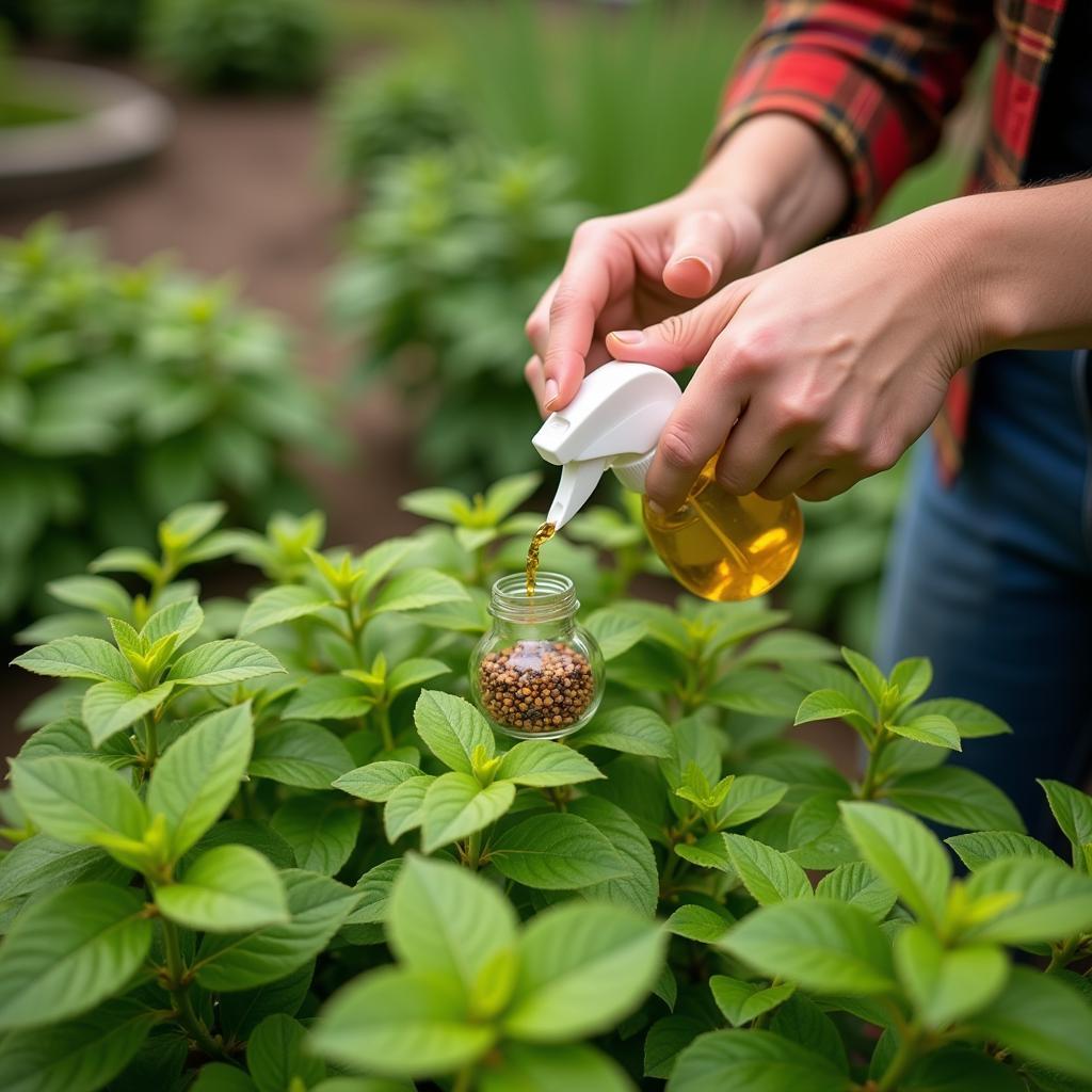 Gardener applying ladybug food to plants