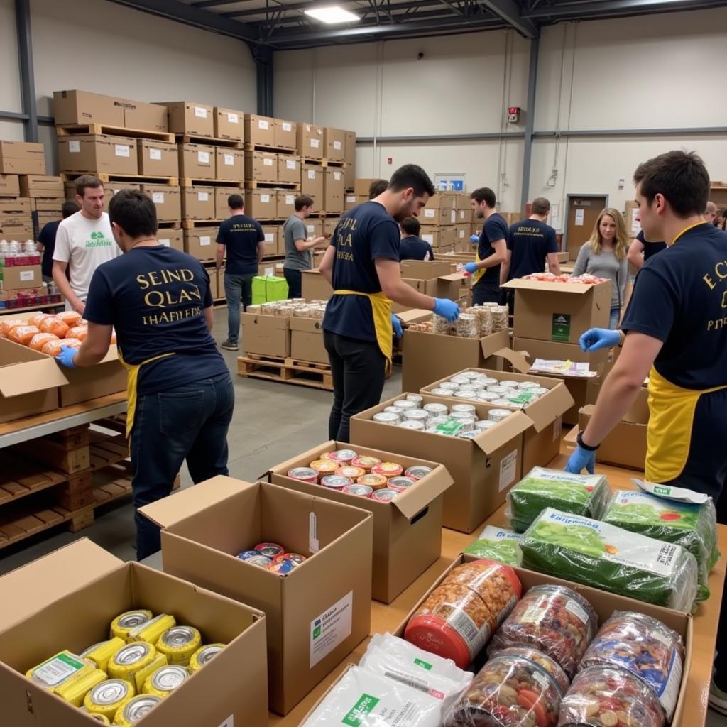 Volunteers sorting food at a Garland, TX food bank