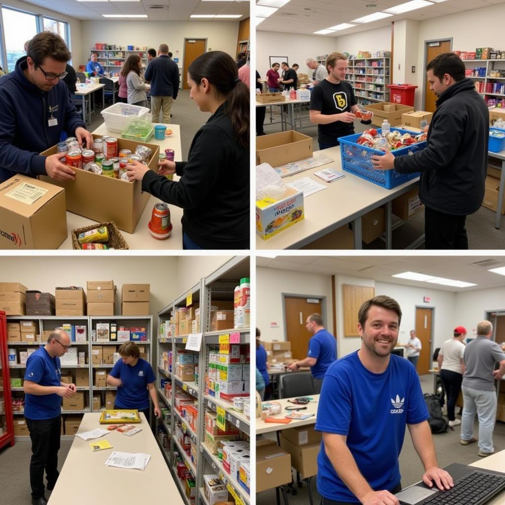 Volunteers organizing and distributing food at a food pantry