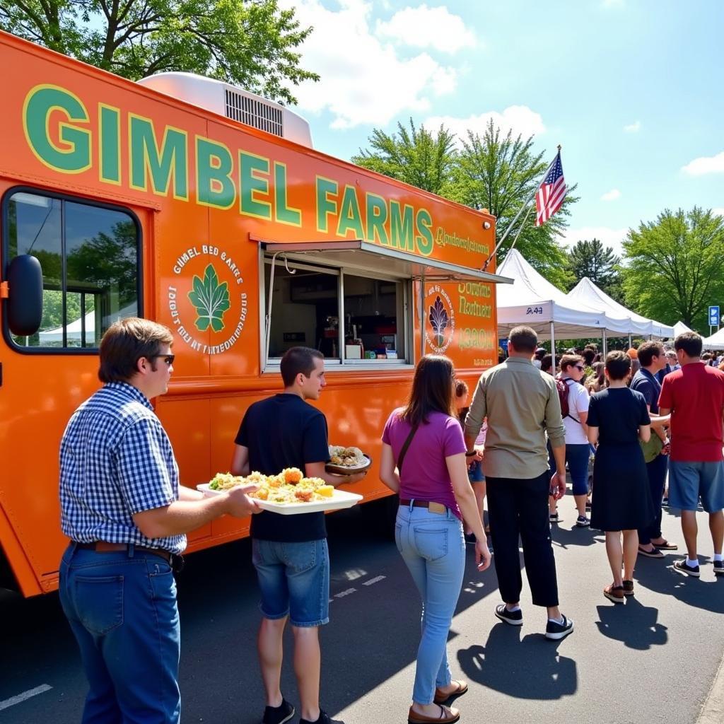 Gimbel Farms food truck serving customers at a bustling farmers market