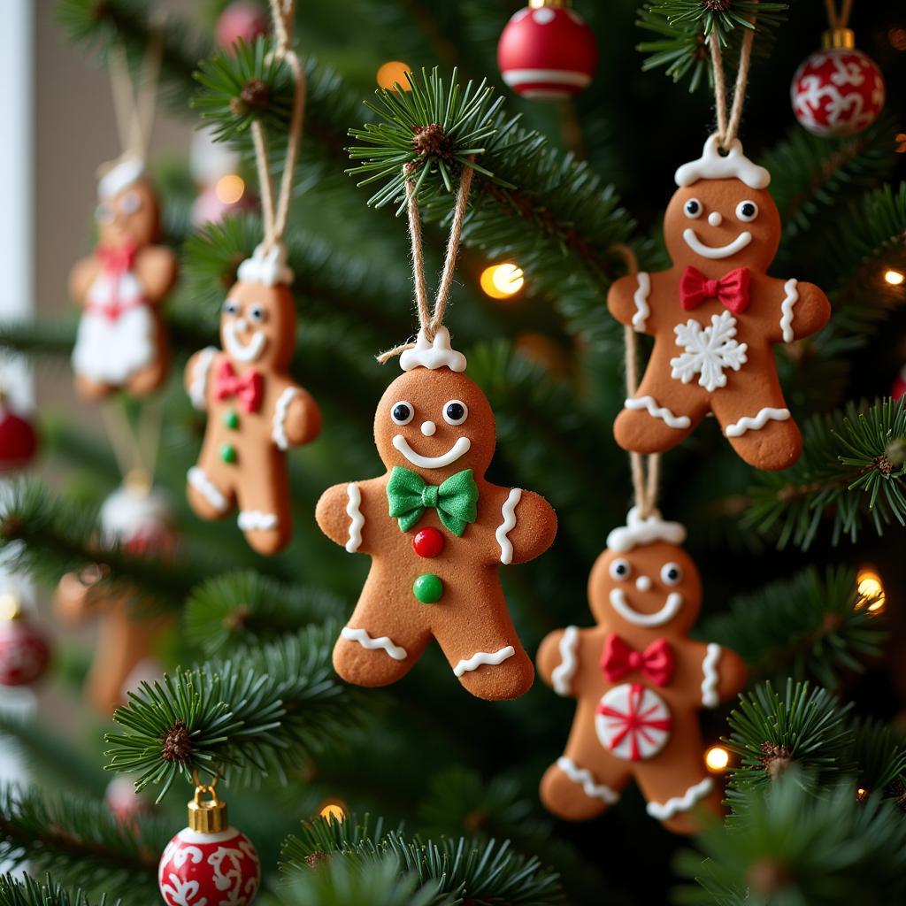 Close-up of gingerbread men cookies decorated with icing and hanging on a Christmas tree.