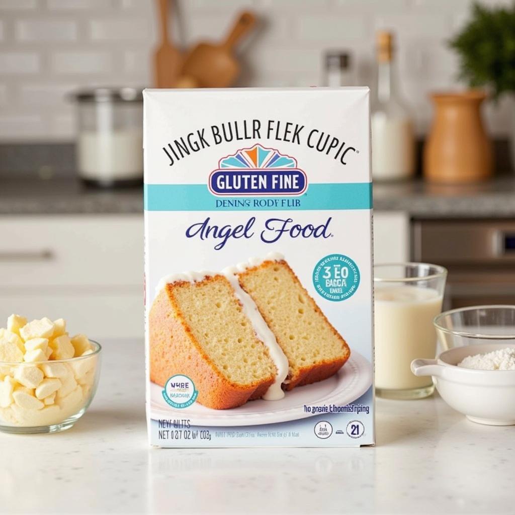 A box of gluten-free angel food cake mix on a kitchen counter with baking ingredients.