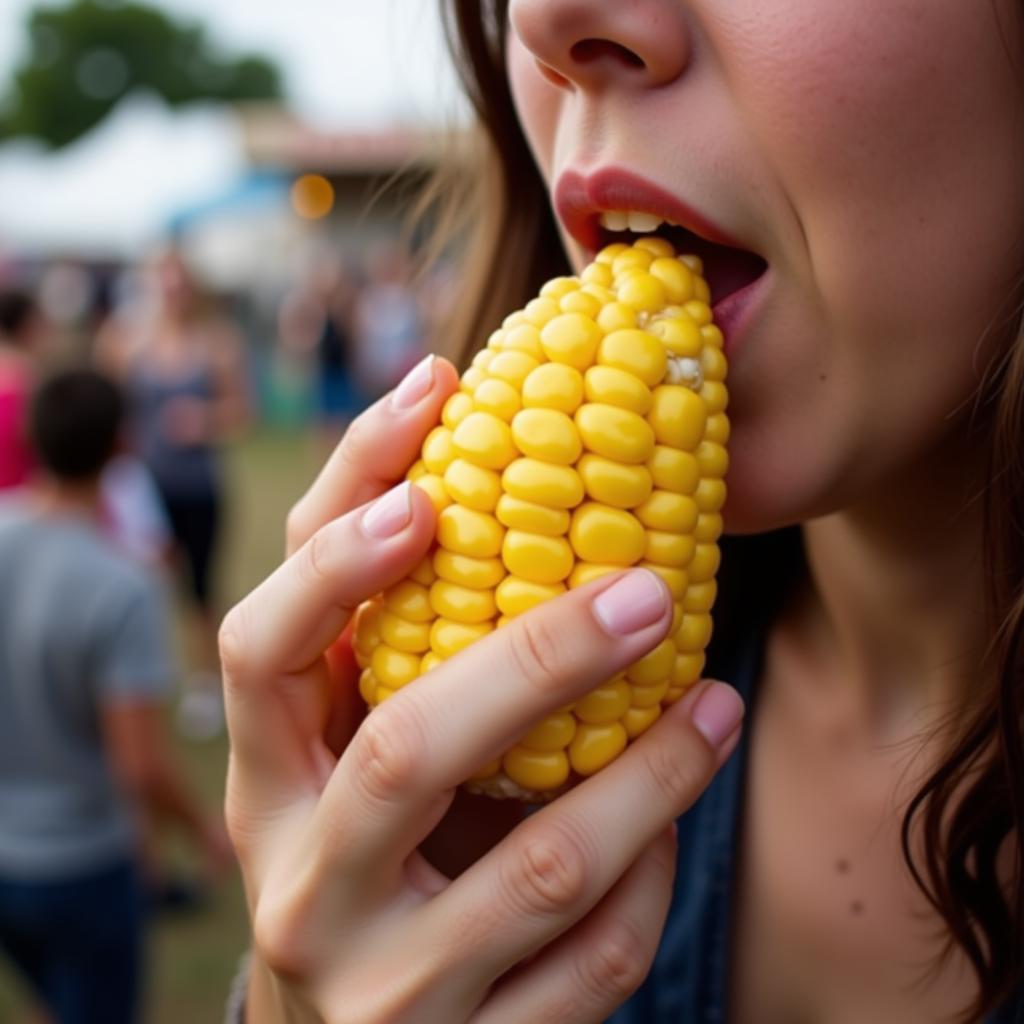 A person enjoying gluten-free corn on the cob at a fair.