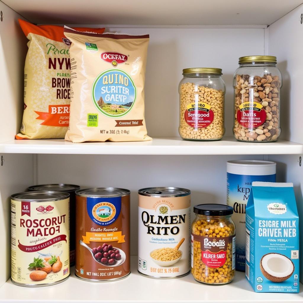 Gluten-free and dairy-free pantry staples: Quinoa, brown rice, oats, legumes, nuts, seeds, and canned goods