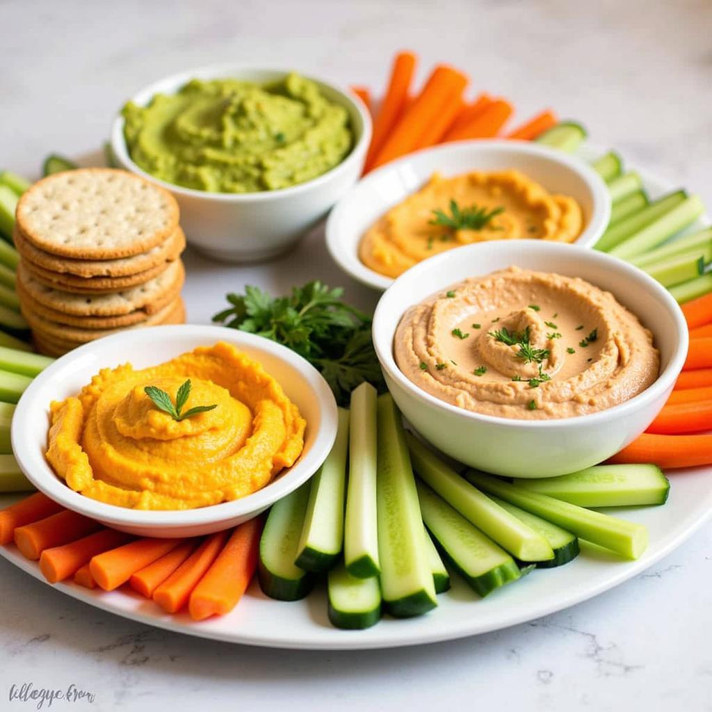 Assortment of gluten-free dips and spreads with vegetable sticks and gluten-free crackers