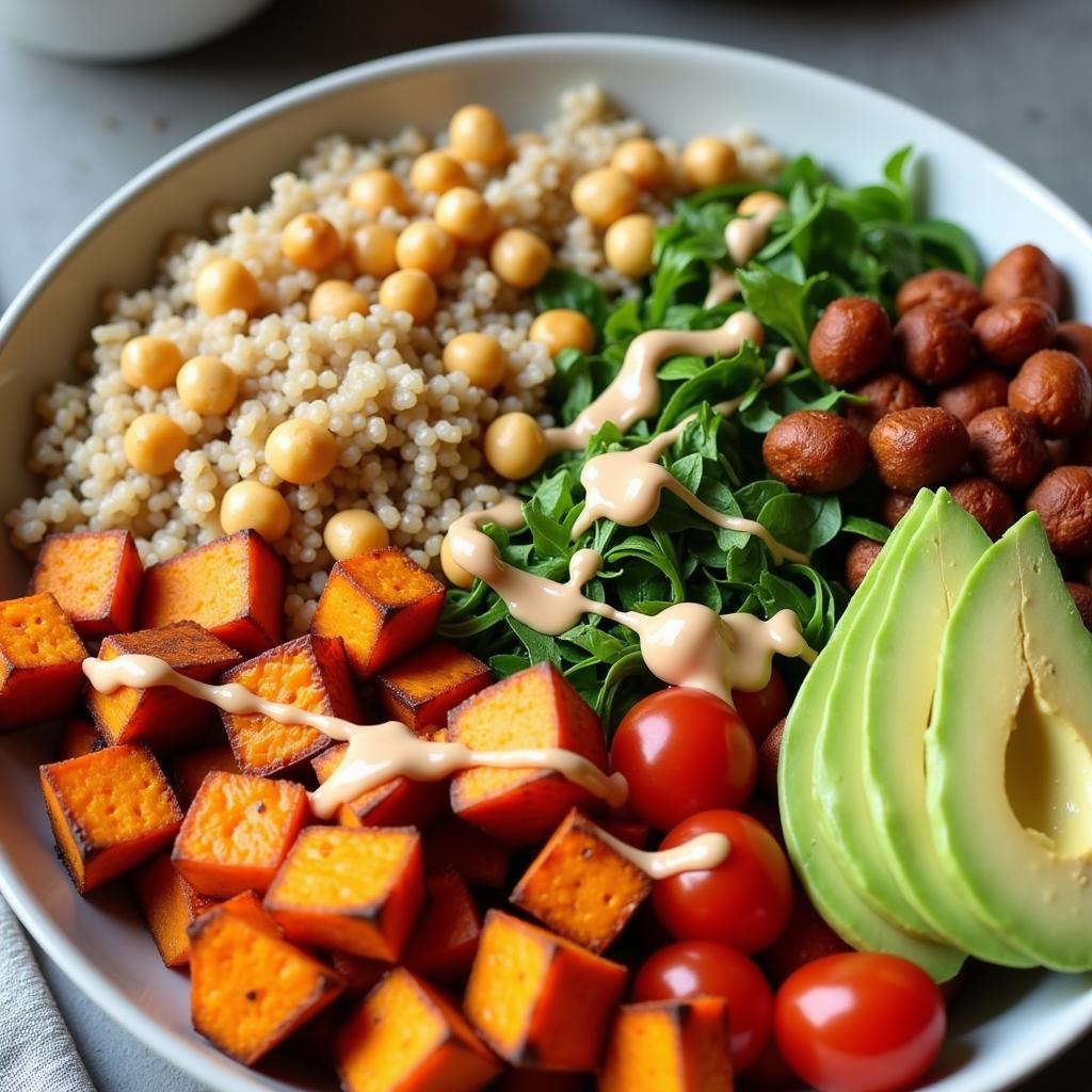 Colorful gluten-free vegetarian Buddha bowl with quinoa, roasted sweet potatoes, chickpeas, avocado and tahini dressing.