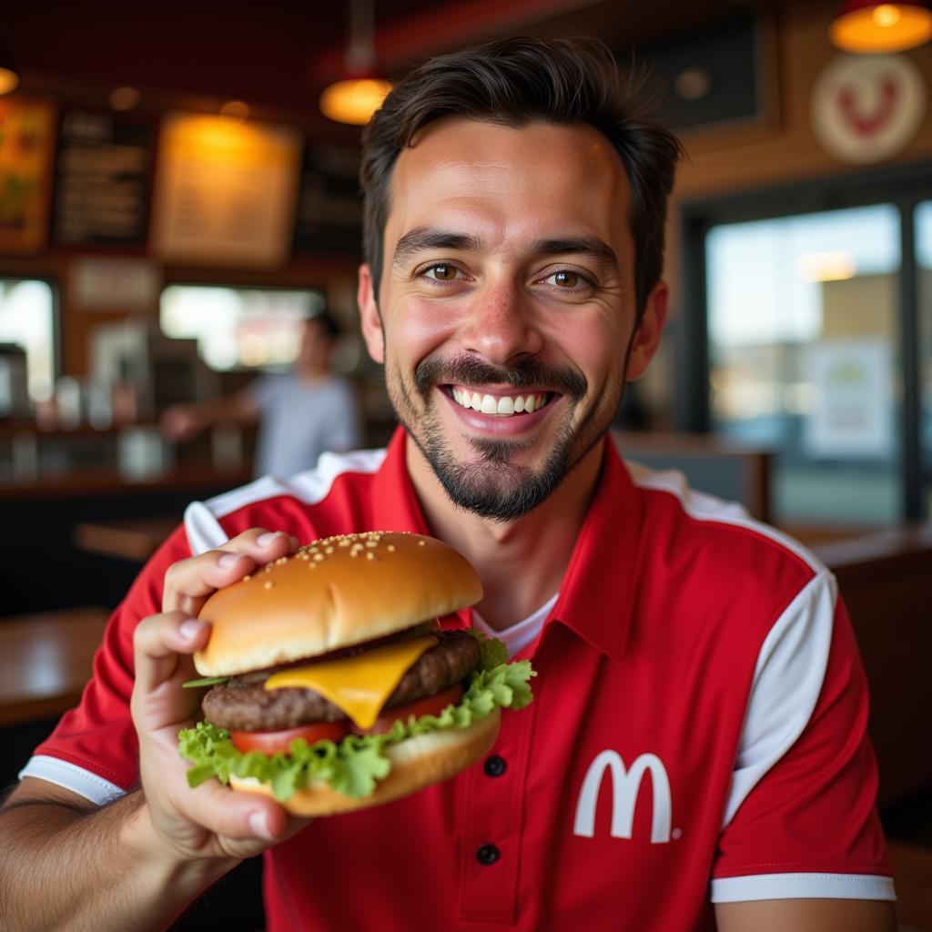 Smiling Goateed Fast Food Spokesperson Holding a Burger