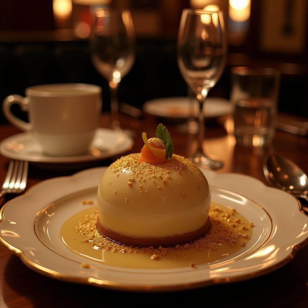 Gold-leaf dessert in a luxury dining setting