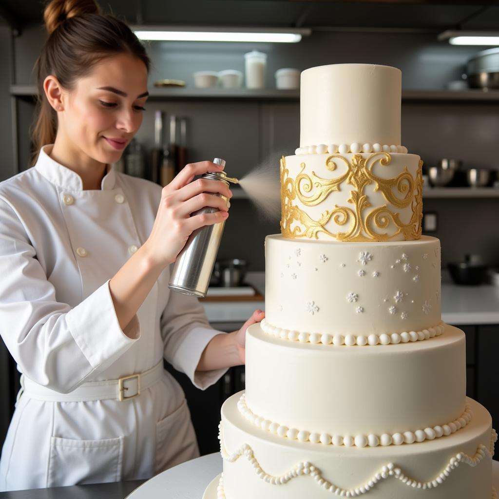 Gold spray food being used to decorate a tiered wedding cake