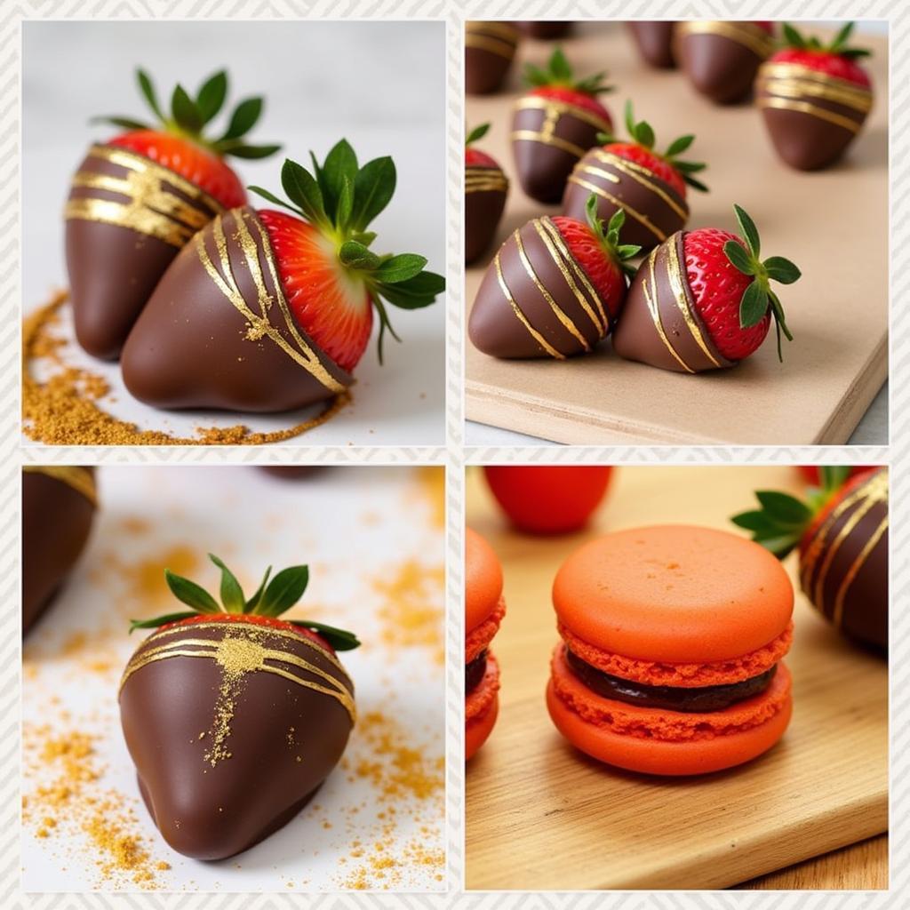 Gold spray food applied to chocolate covered strawberries and macarons