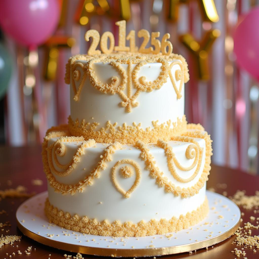 A birthday cake decorated with gold food sprinkles