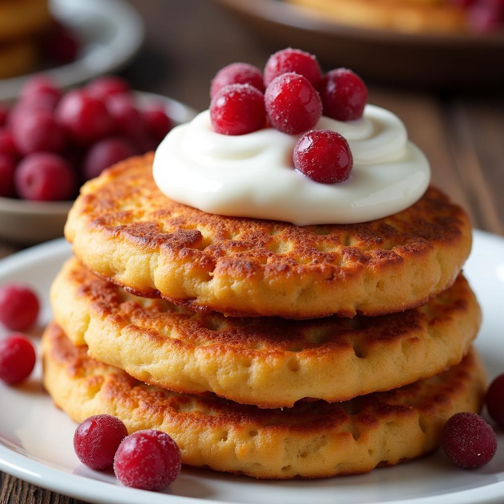 Close-up of golden-brown syrniki topped with sour cream and fresh berries.