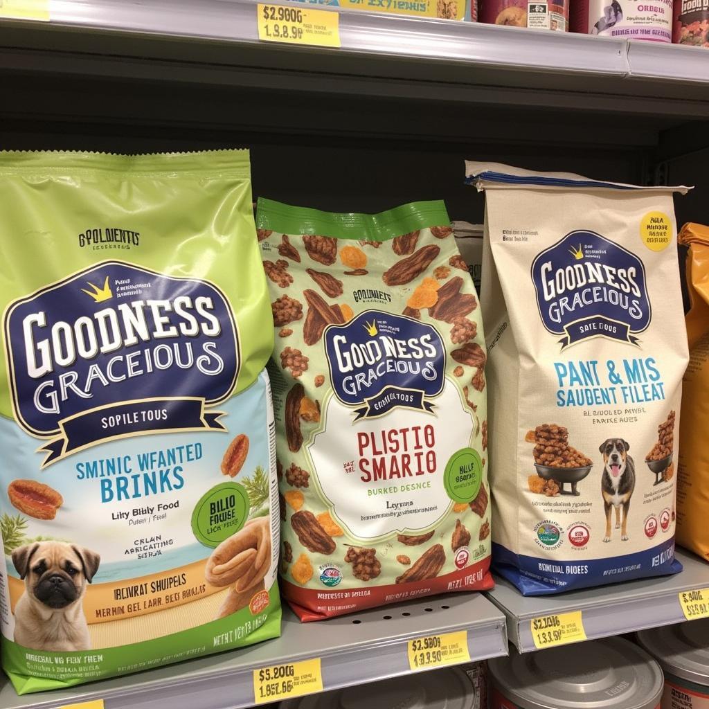 Goodness Gracious Dog Food Packaging on a Shelf