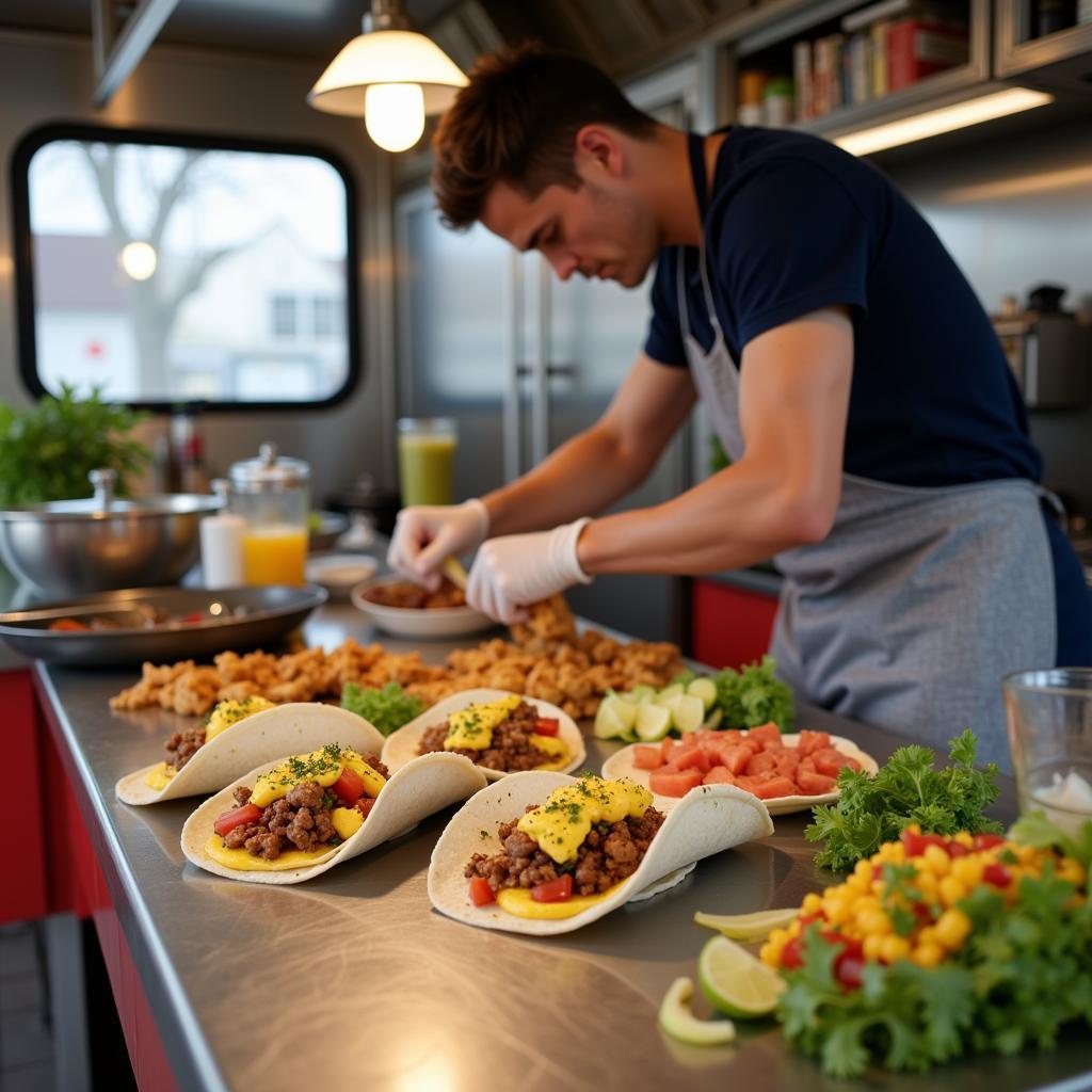 Close-up of gourmet breakfast tacos being prepared in a food truck.