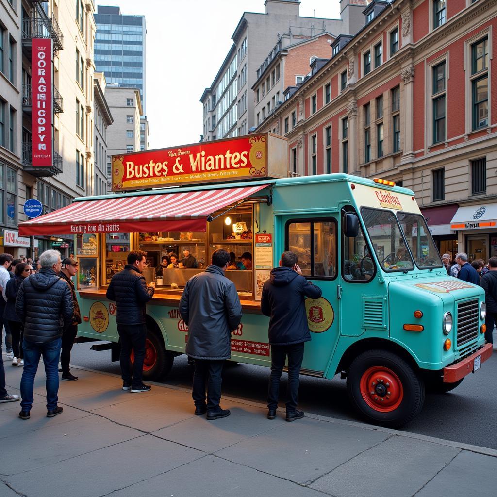 A modern, brightly colored food truck serving gourmet food in a bustling city.